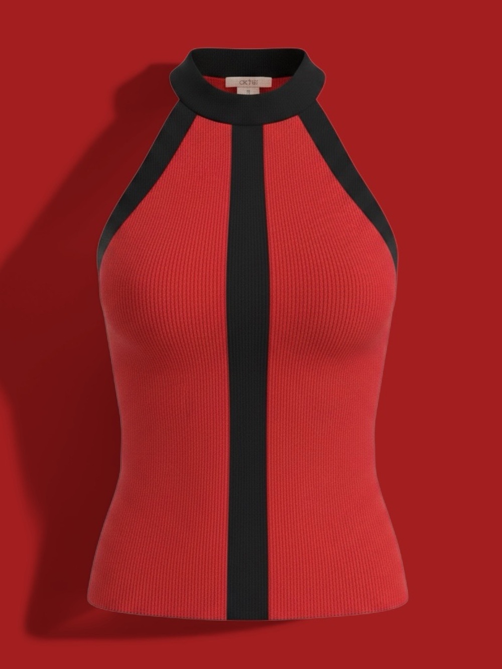 Cache Red Ribbed Halter Tank Top with Black Contrast